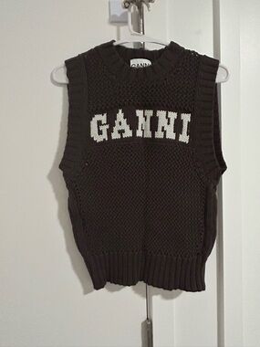 Ganni Brown Knit Logo Sweater Vest with White Lettering